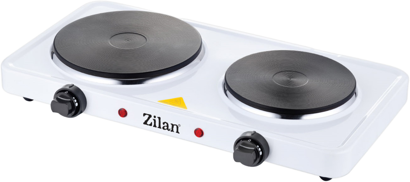 Fehér elektromos tűzhely két fekete fűtőelemmel, vezérlőgombokkal és a Zilan márkanévvel.