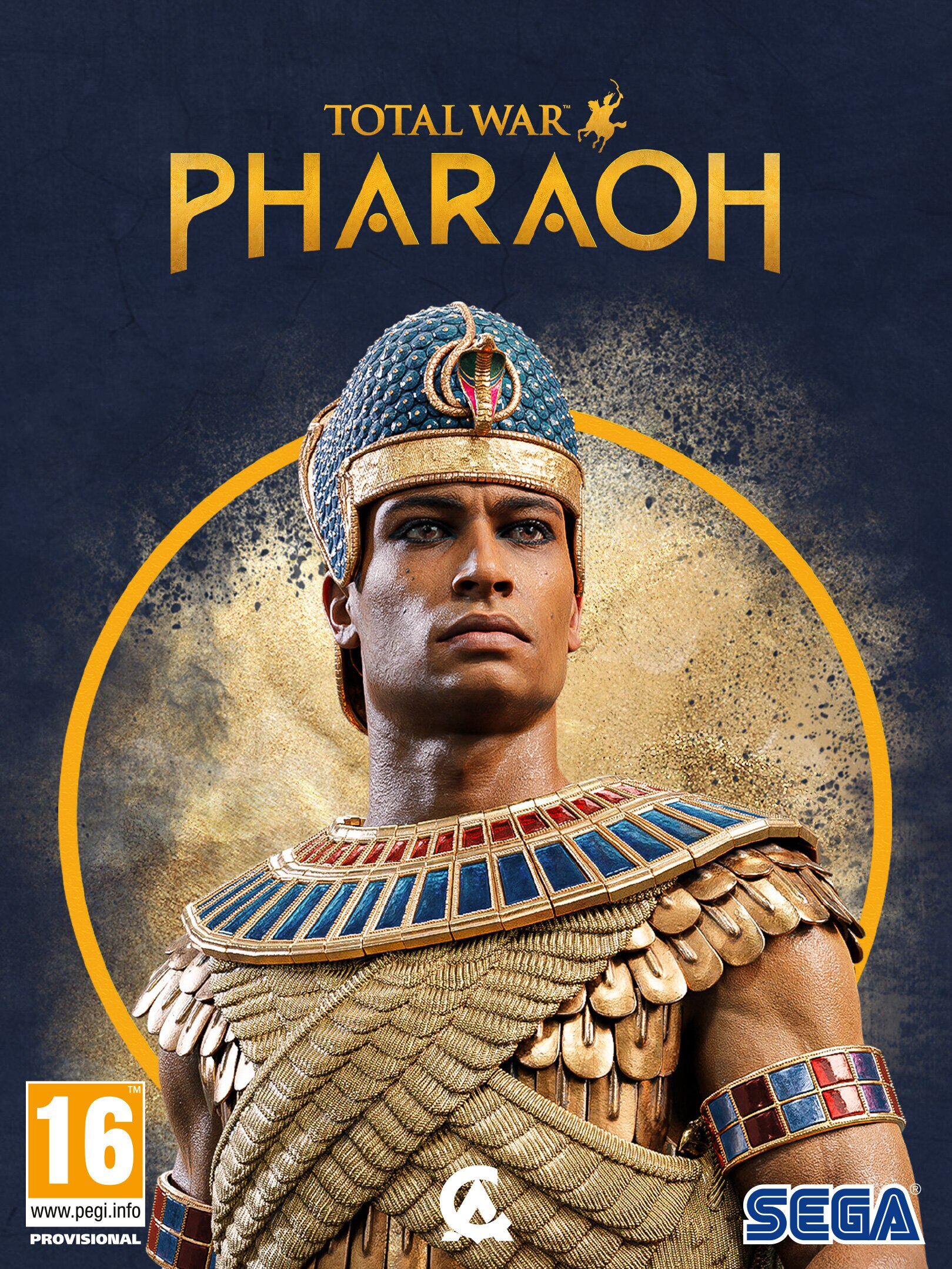 Okładka gry Total War: Pharaoh. Przedstawia faraona ze złotym nakryciem głowy.