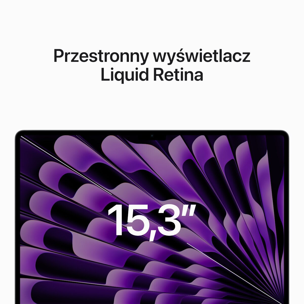 Ekran laptopa z fioletowo-czarnym abstrakcyjnym wzorem i tekstem "15.3".