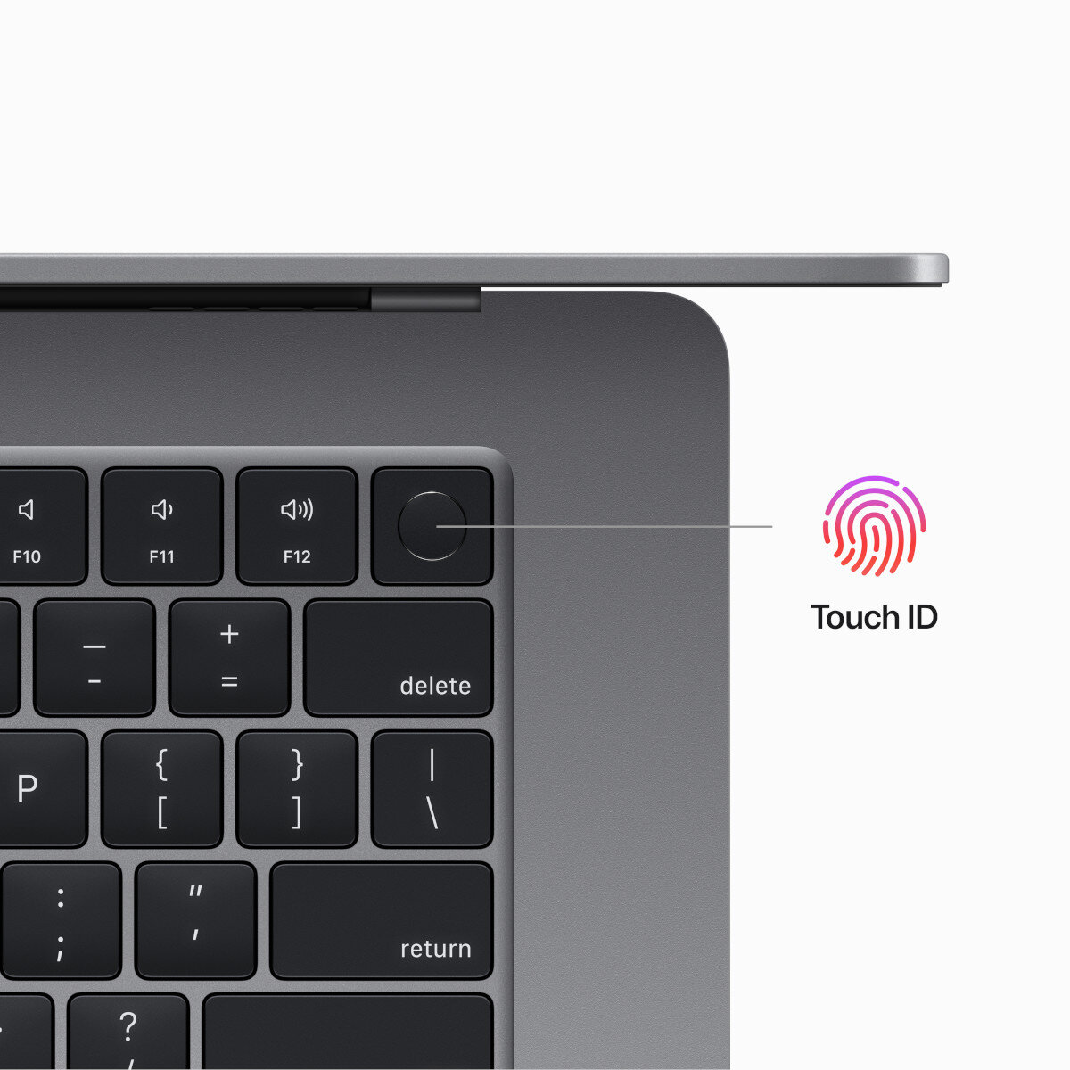 Zbliżenie klawiatury MacBooka z przyciskiem Touch ID. Pokazuje klawisze i obszar Touch ID.