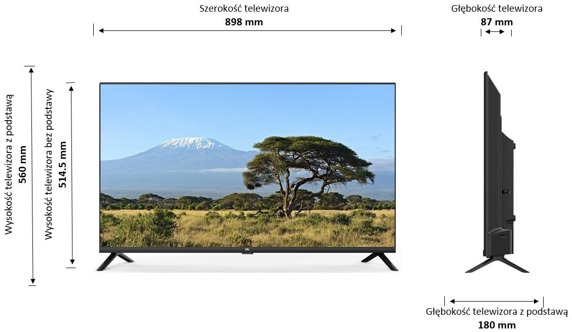 Telewizor z wyświetlonymi wymiarami. Pokazuje szerokość, wysokość i głębokość telewizora z wymiarami podstawy.