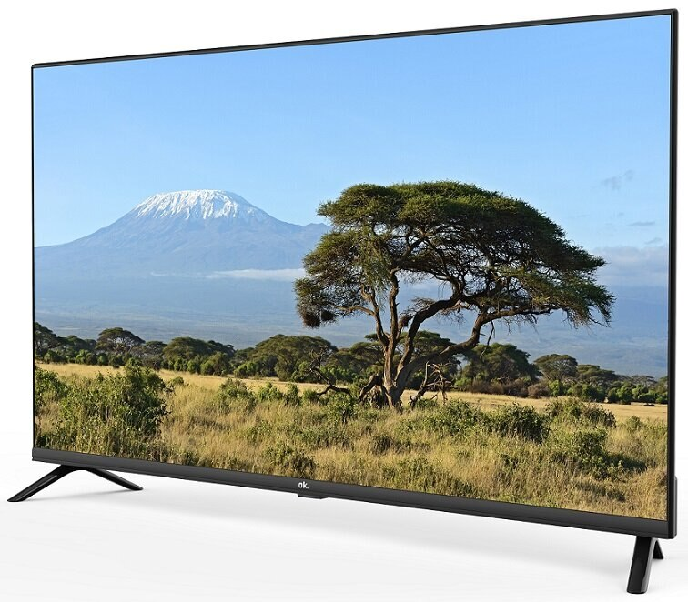 Telewizor z krajobrazem gór i drzew. Ośnieżona góra w tle.