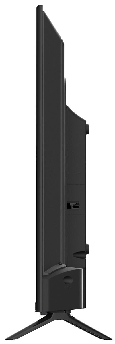 Czarny telewizor z boku, pokazujący smukły profil, podstawę i różne porty z tyłu.