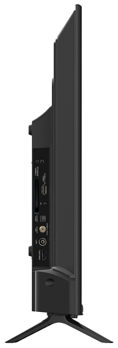 Widok z boku czarnego telewizora z portami połączeniowymi z boku, na białym tle.