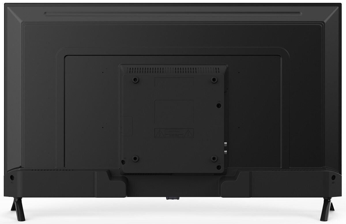 Tył czarnego telewizora z punktami montażowymi, złączami i centralnym panelem.