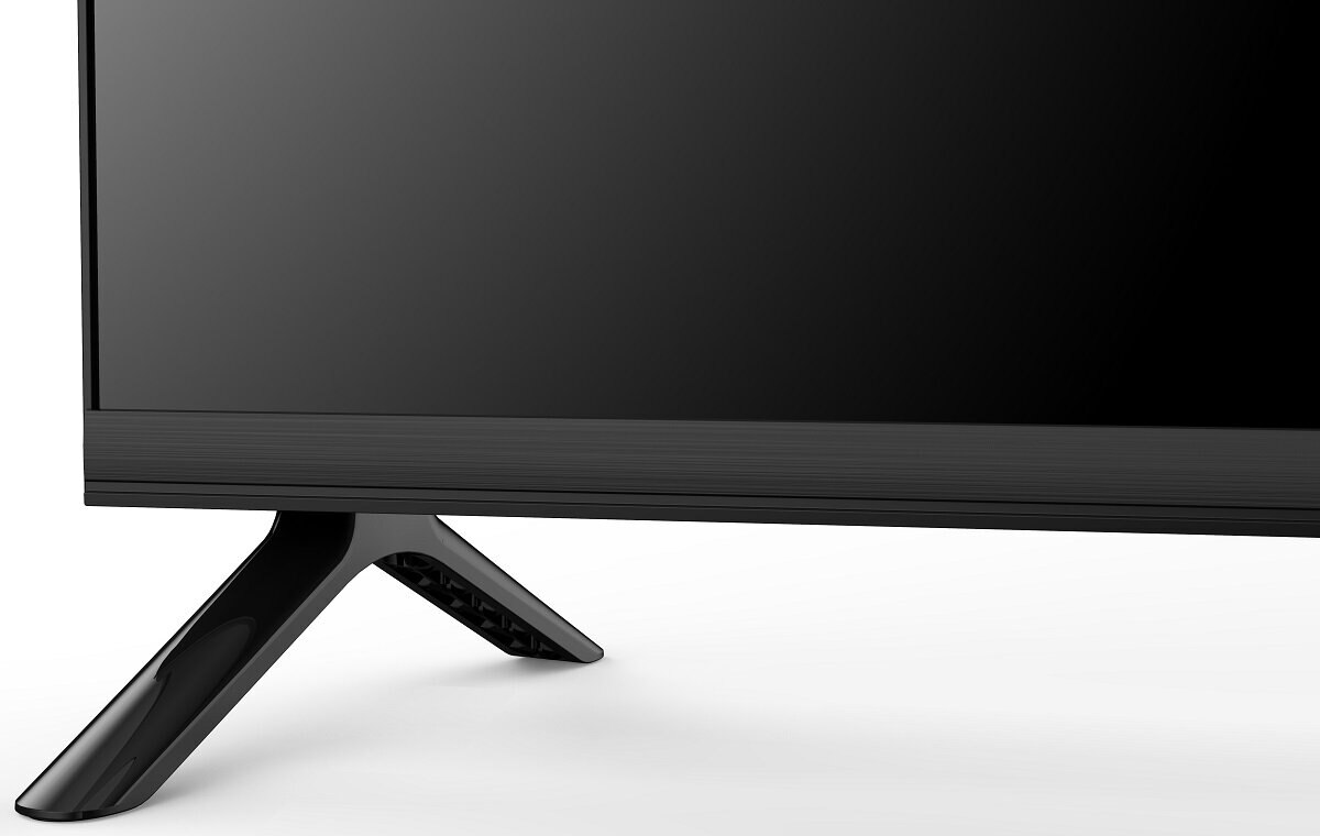 Czarny telewizor ze stojakiem, pokazujący dolną część ekranu.