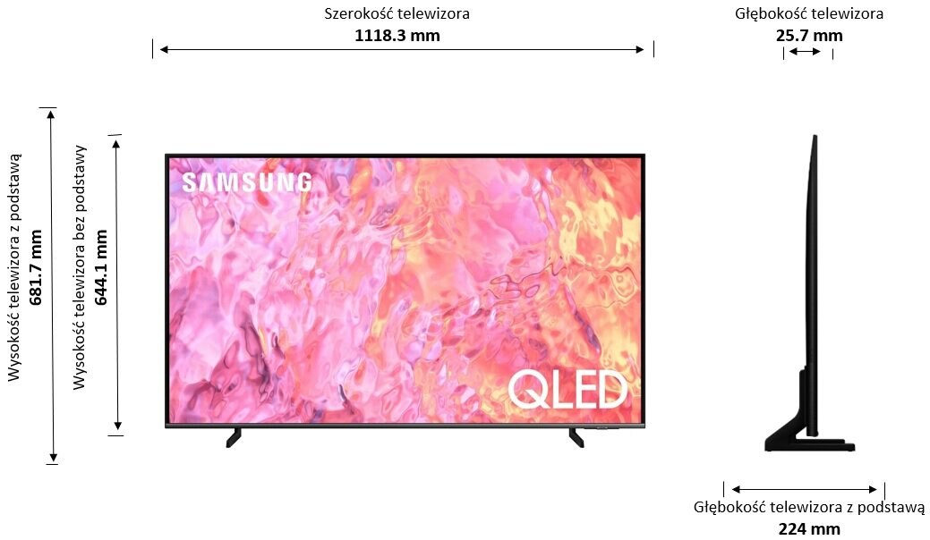 Schemat telewizora Samsung QLED, pokazujący wymiary i funkcje. Widoki z przodu i z boku.