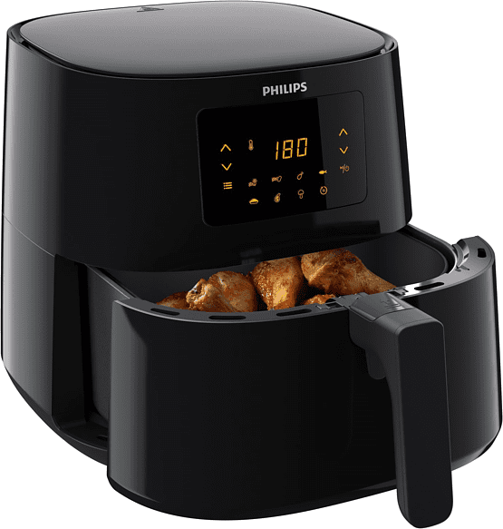 Friteuse à air noire avec écran et aliments à l'intérieur. Comprend une poignée et une interface numérique.