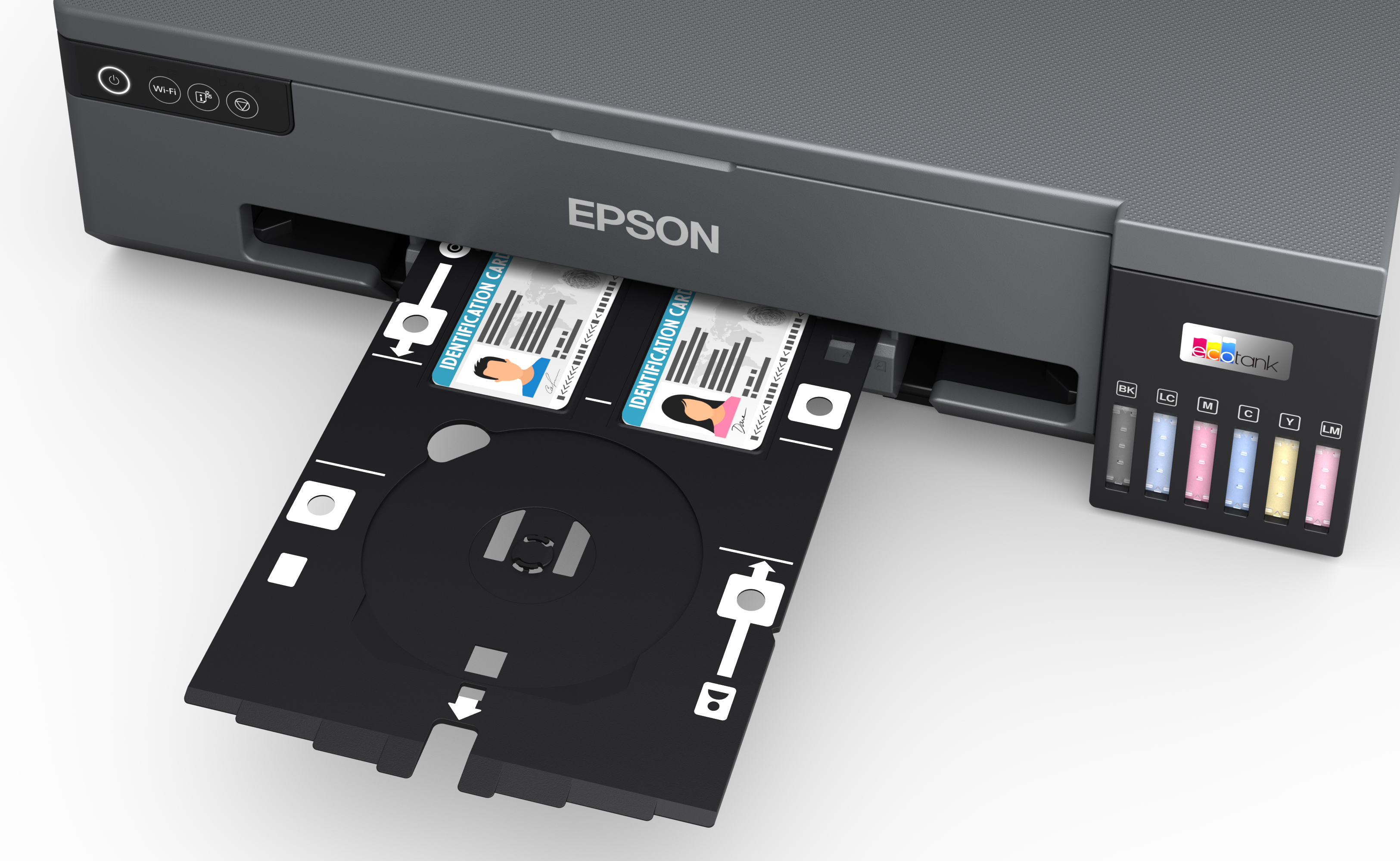 Epson yazıcı, tepside kimlik kartları. Gri ve siyah yazıcı. Sağda mürekkep kartuşları.
