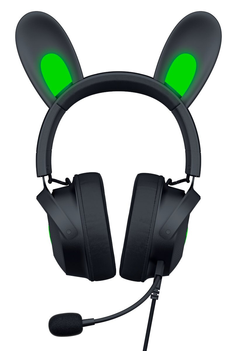 Czarne słuchawki z uszami królika i mikrofonem. Zielone akcenty.