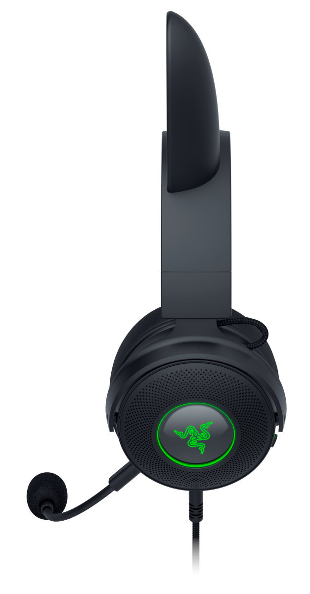 Czarne słuchawki gamingowe Razer z zielonym logo i elastycznym mikrofonem, widok z boku.