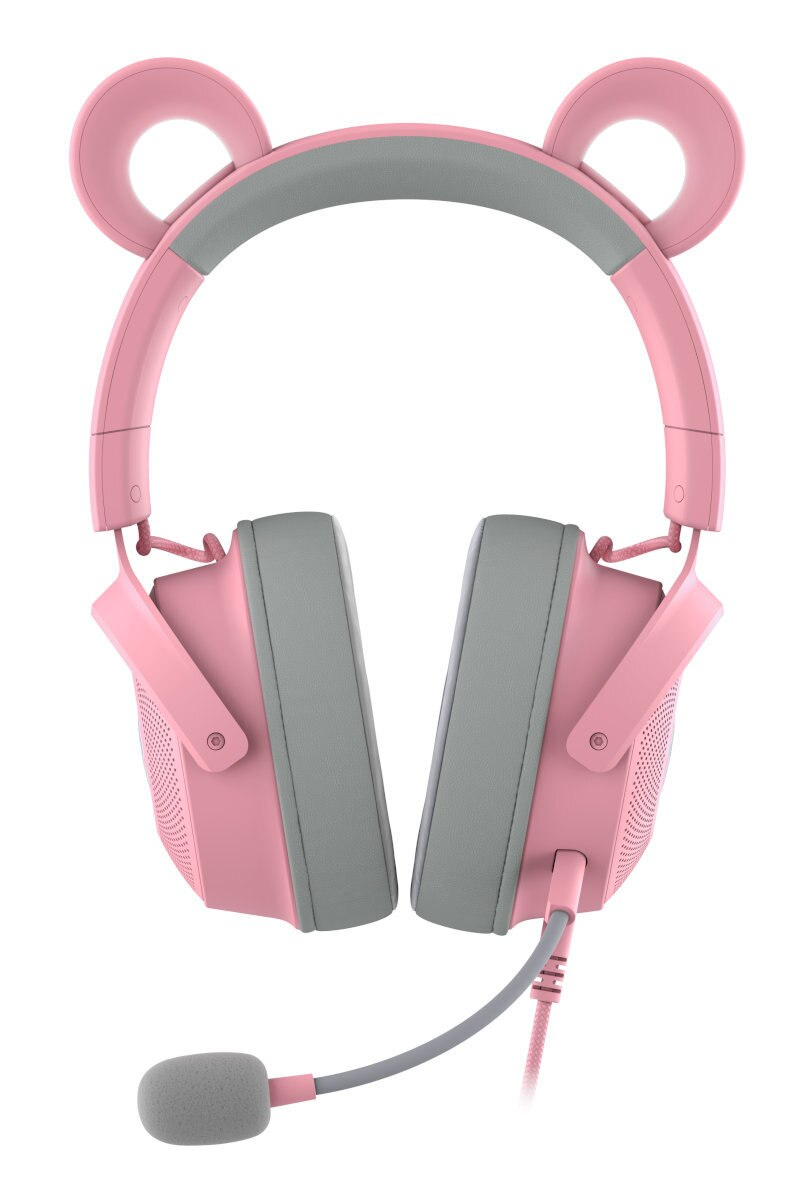Różowe i szare słuchawki z uszami misia, mikrofonem i kablem.