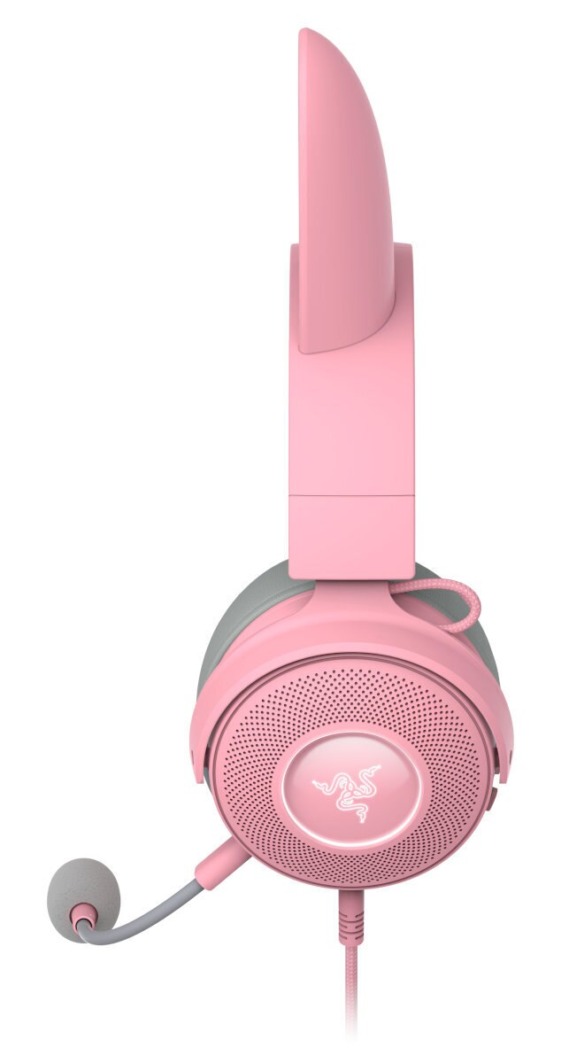 Różowe słuchawki Razer z mikrofonem, białe tło.