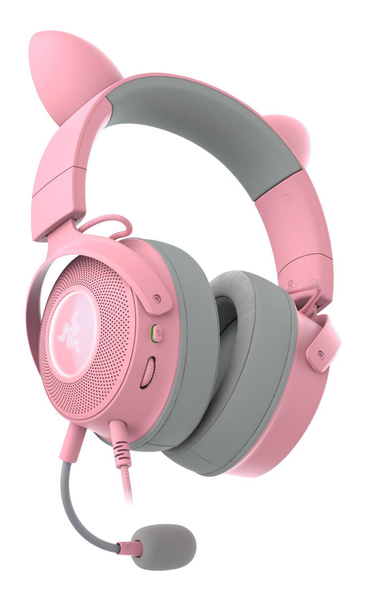 Różowe słuchawki z kocimi uszami. Słuchawki są różowe i szare, z mikrofonem i regulacją głośności.
