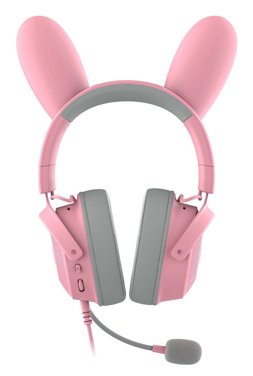 Różowe słuchawki z kocimi uszami, mikrofonem i szarymi nausznikami.
