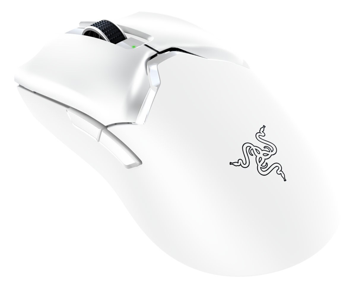 Biała mysz do gier z kółkiem przewijania i logo Razer, na białym tle.
