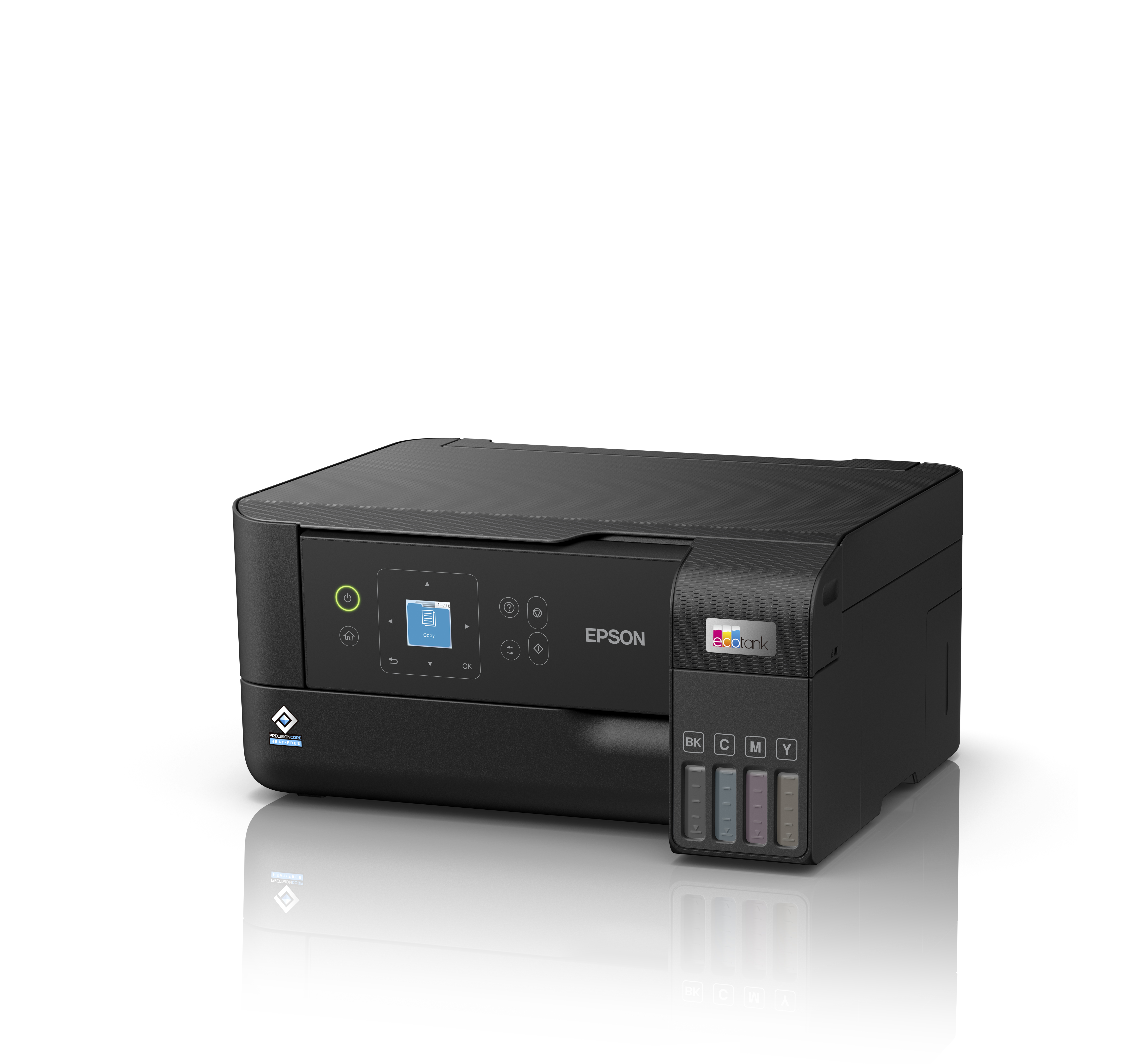 Beyaz bir yüzey üzerinde renkli mürekkep tankı sistemine sahip siyah bir Epson yazıcı.