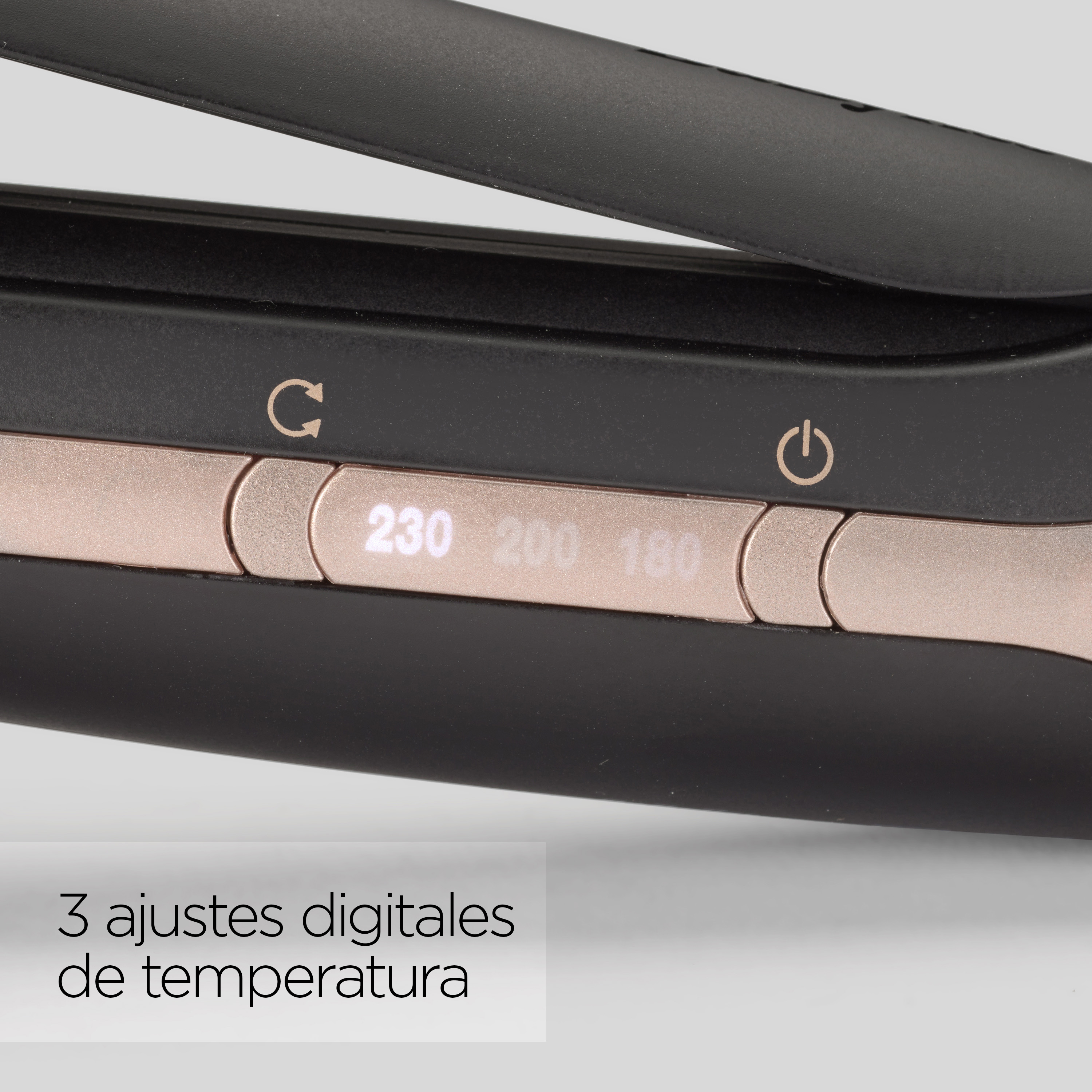 Una plancha de pelo negra y oro rosa con tres ajustes de temperatura digitales.