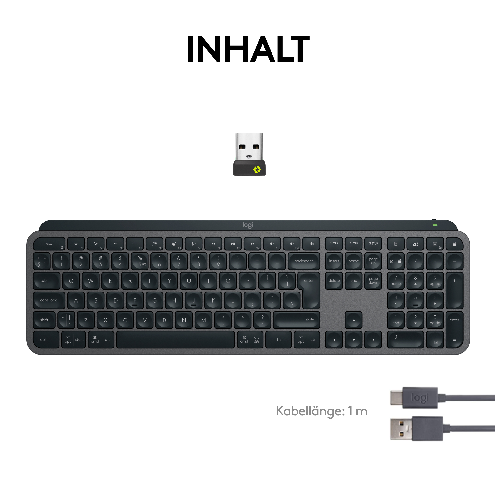 Logi-Tastatur mit Dongle und Kabel.