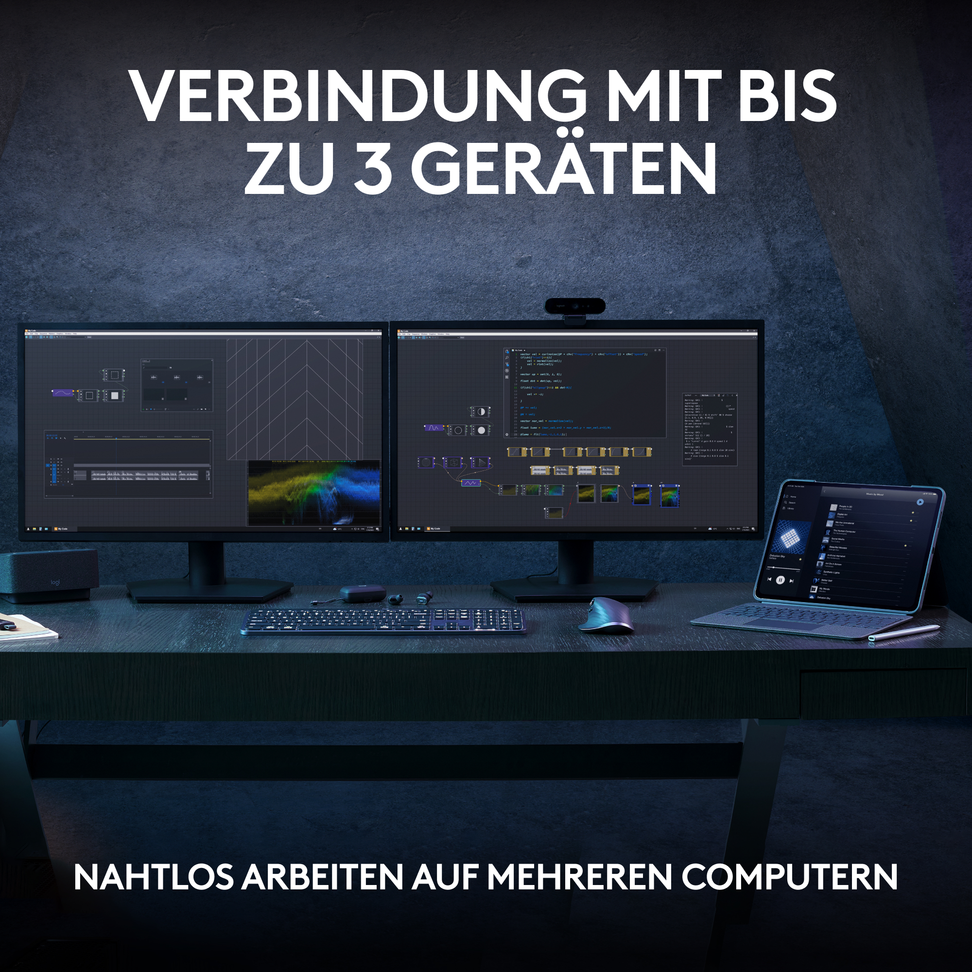 Arbeitsplatz mit zwei Monitoren, Tastatur, Maus und Text 'Verbindung zu 3 Geräten'.
