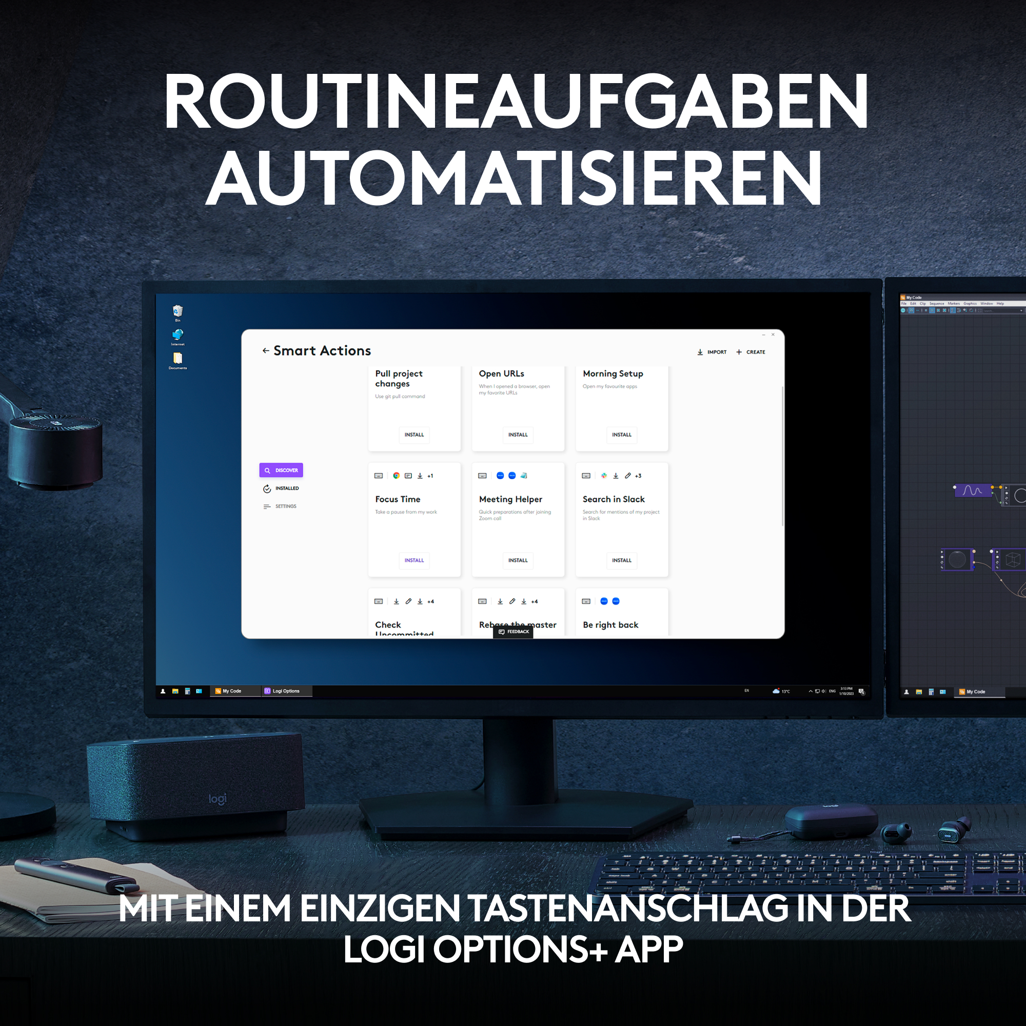 Zwei Computerbildschirme mit einem Dashboard mit intelligenten Aktionen und der Logi Options+ App.