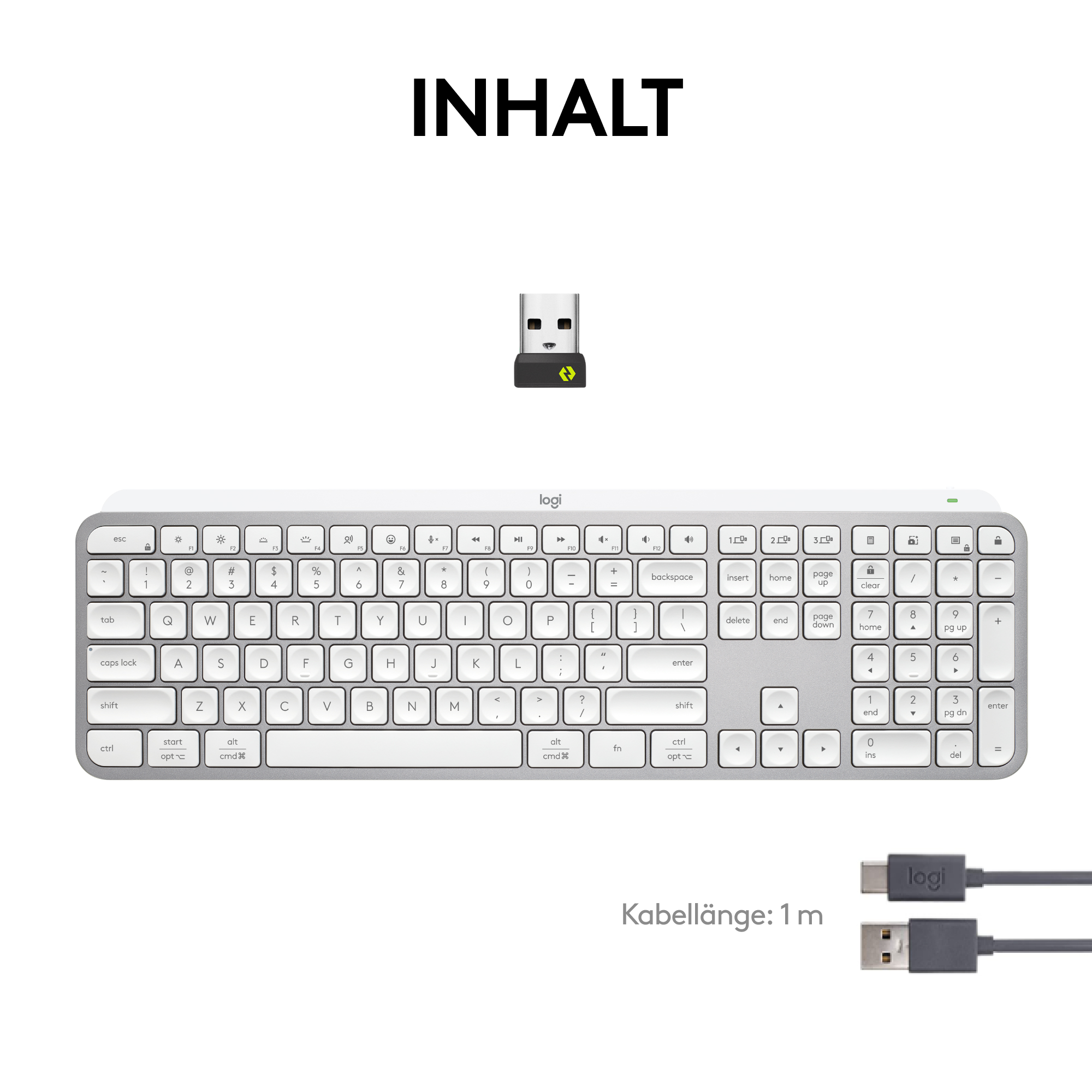 Weiße Tastatur mit USB-Dongle und USB-A-auf-USB-C-Kabel.