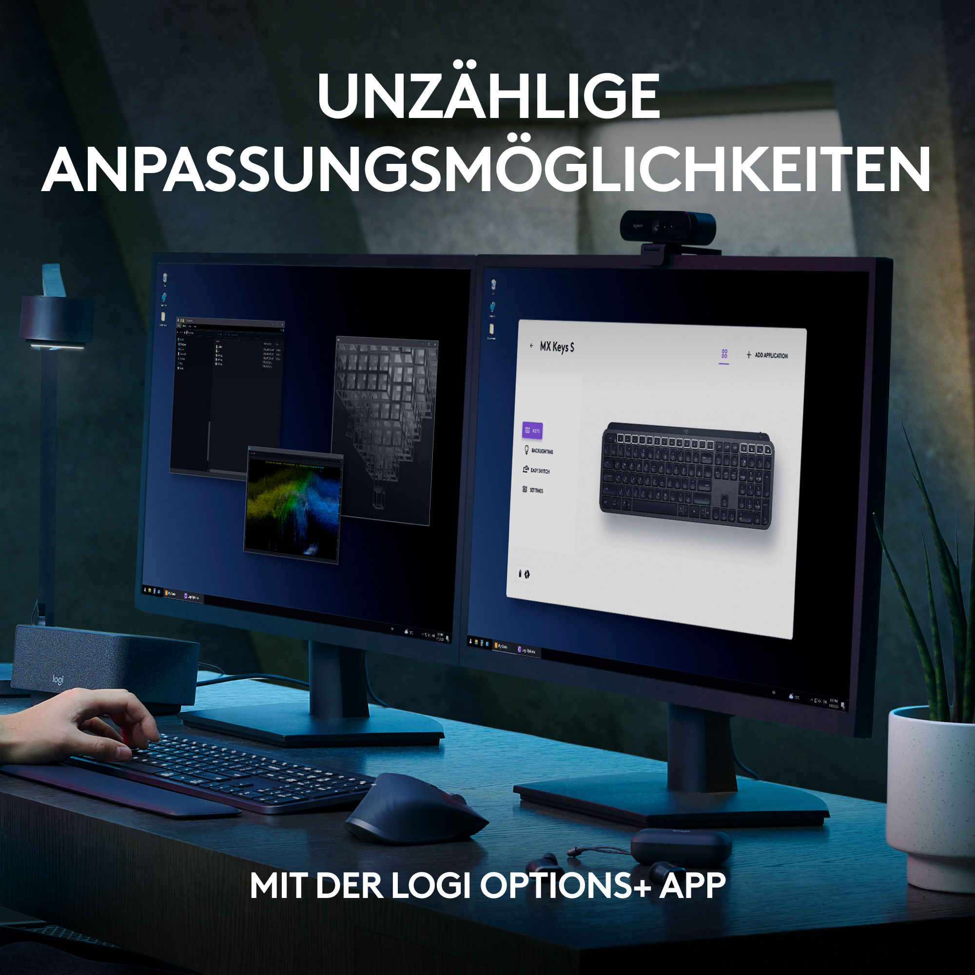Zwei Computerbildschirme zeigen eine Tastatur und Desktop-Anwendungen. Text überlagert: 'UNZÄHLIGE ANPASSUNGSMÖGLICHKEITEN'.