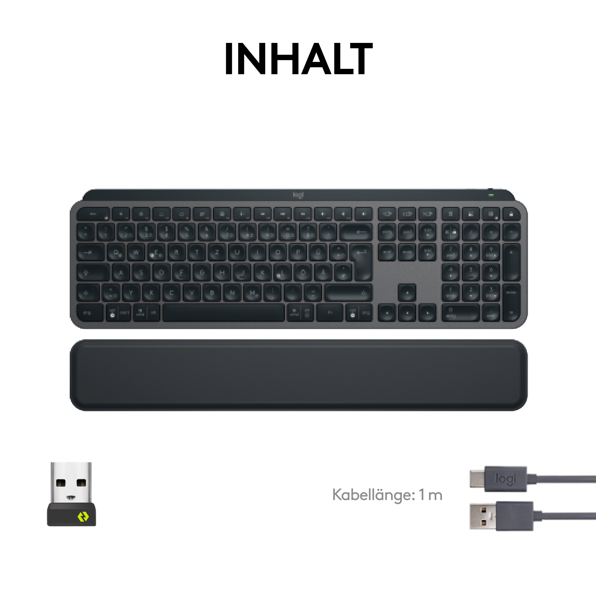 Eine graue Tastatur mit schwarzer Handgelenkauflage, USB-Empfänger und USB-C-Kabel.