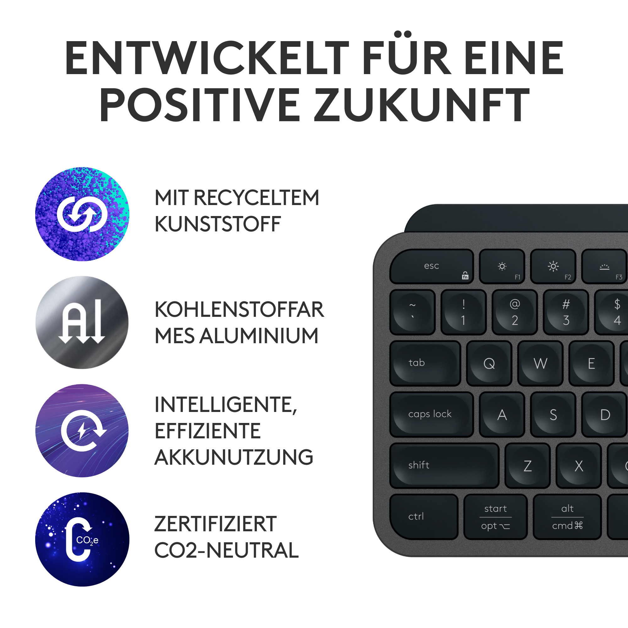 Schwarze Tastatur mit Tasten. Text links: hergestellt aus recyceltem Kunststoff, Aluminium und klimaneutral.