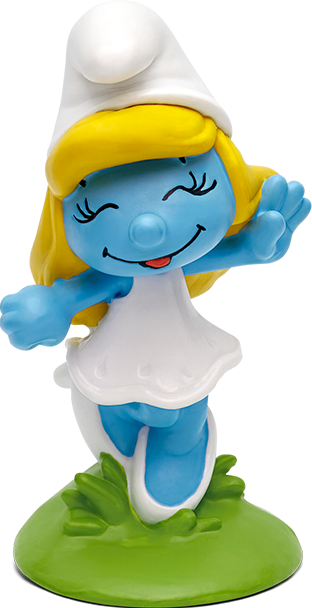 Eine Schlumpfine-Figur in weißem Kleid, blauer Haut und blonden Haaren, grüne Basis. Weißer Hintergrund.