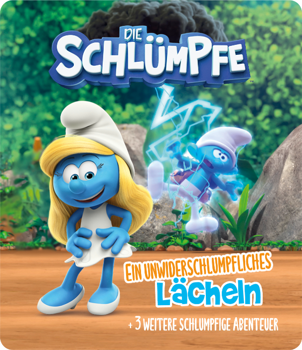 Schlümpfe-Filmplakat mit Schlumpfine und einem Schlumpf. Hintergrund: Cartoon.