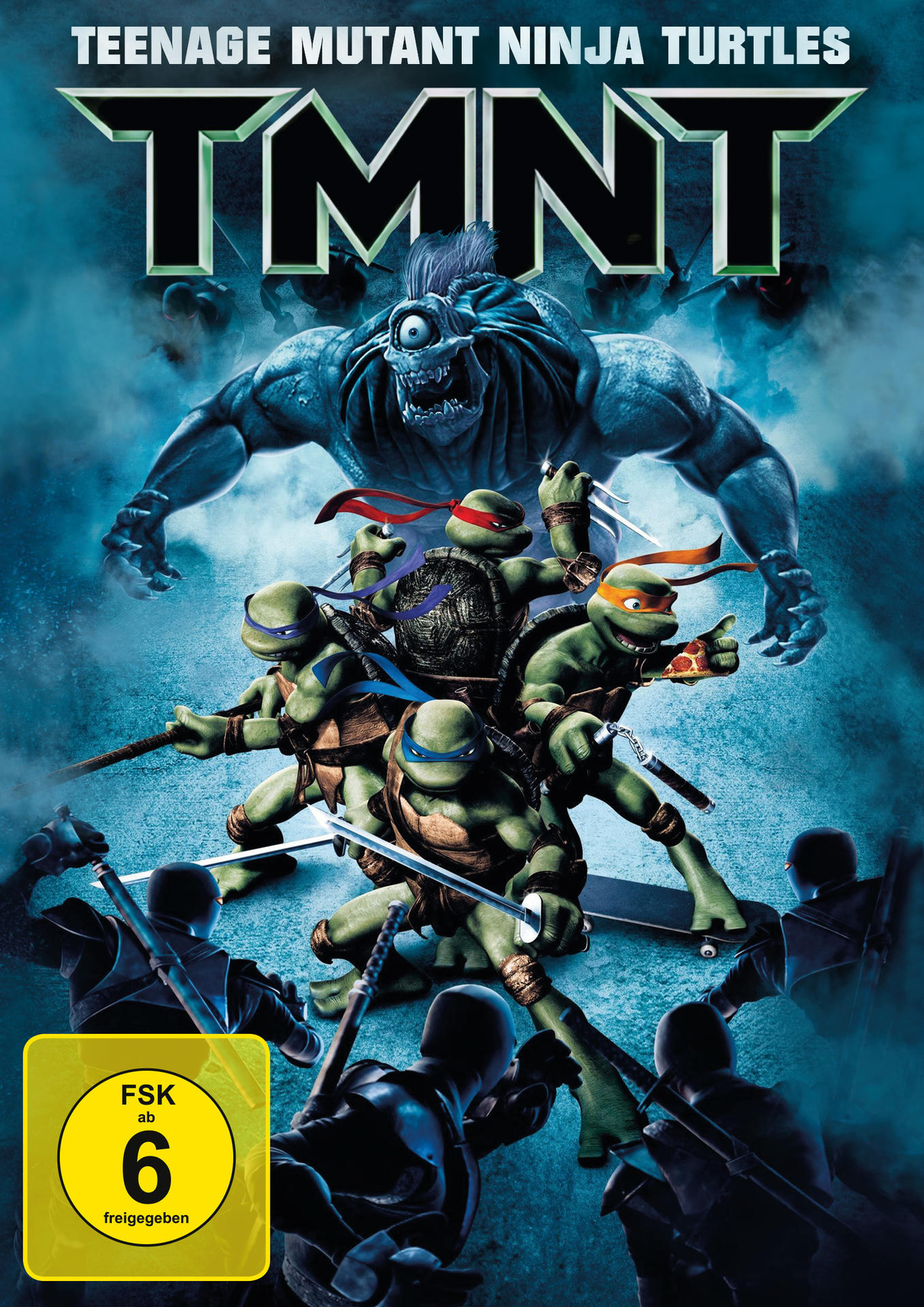 TMNT-Filmcover. Enthält die Ninja Turtles und ein Monster. Der Titel lautet 'TMNT'.