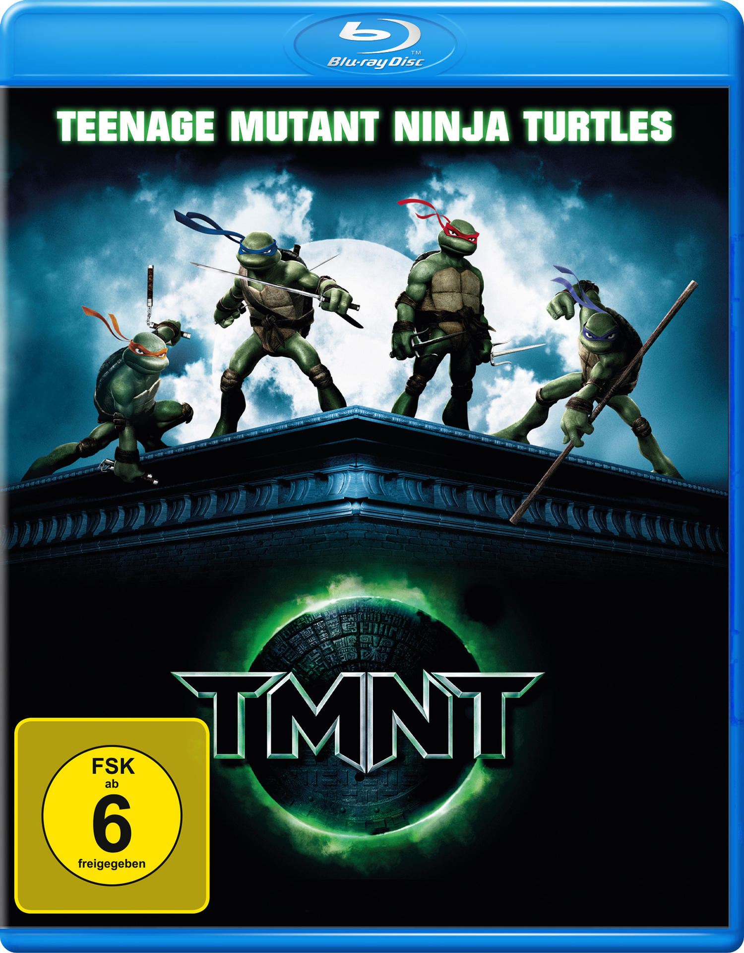 Blu-ray-Cover von Teenage Mutant Ninja Turtles. Vier Schildkröten stehen bereit, mit dem Titel darunter.