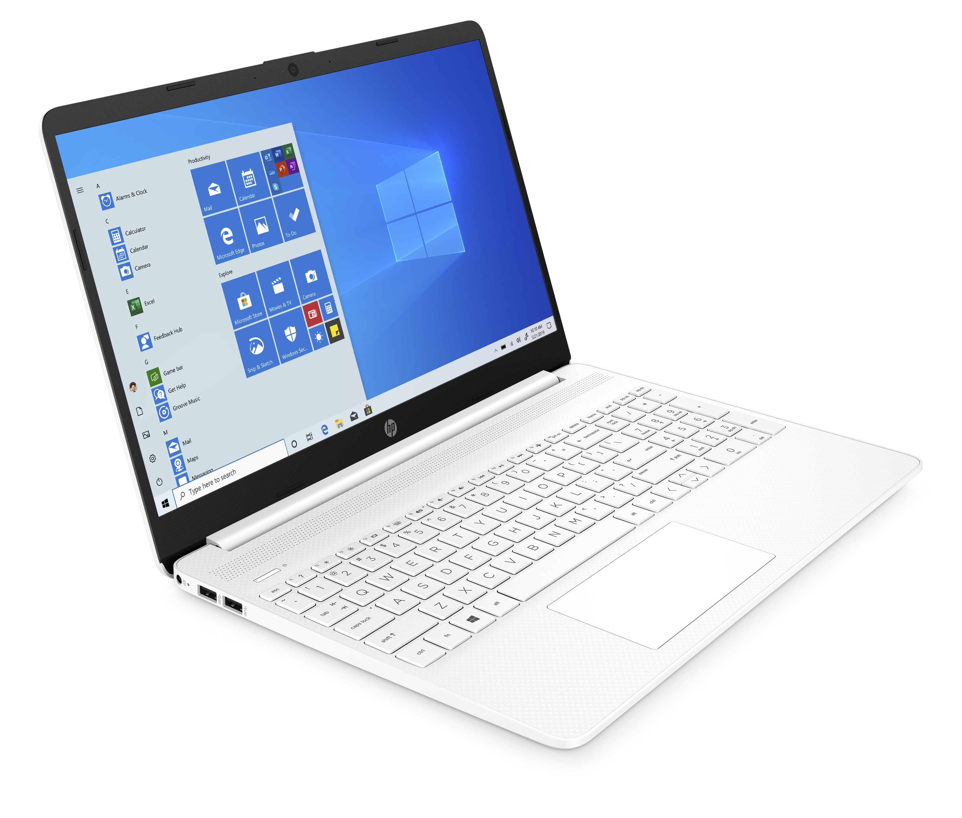 Una laptop HP blanca está abierta, mostrando la pantalla de inicio de Windows 10. El teclado y la pantalla son visibles.