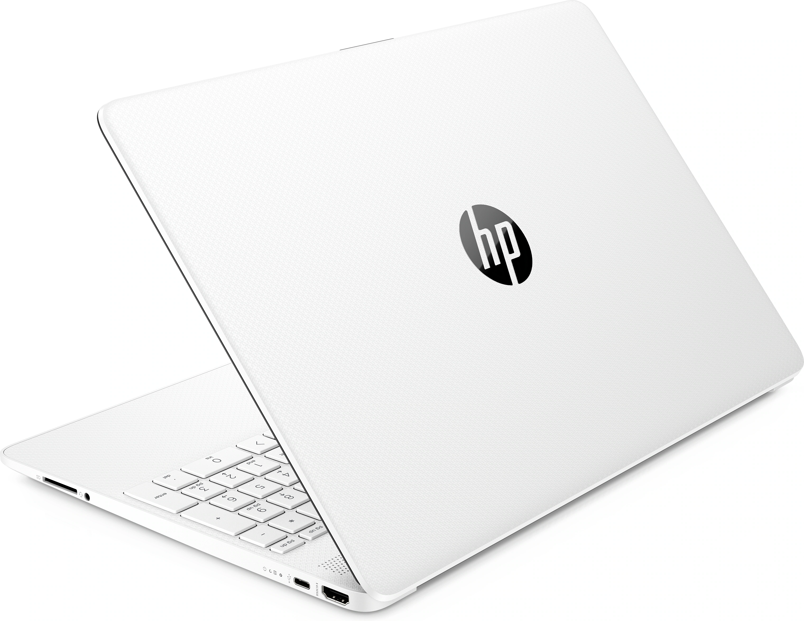 Un portátil HP blanco, abierto en ángulo. La parte trasera muestra el logotipo de HP.