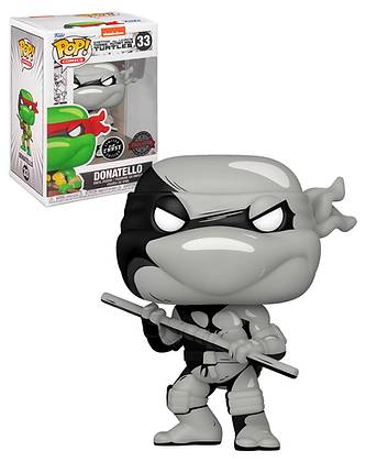Figura de Donatello Funko Pop, Tortuga Ninja Mutante, con caja en el fondo.