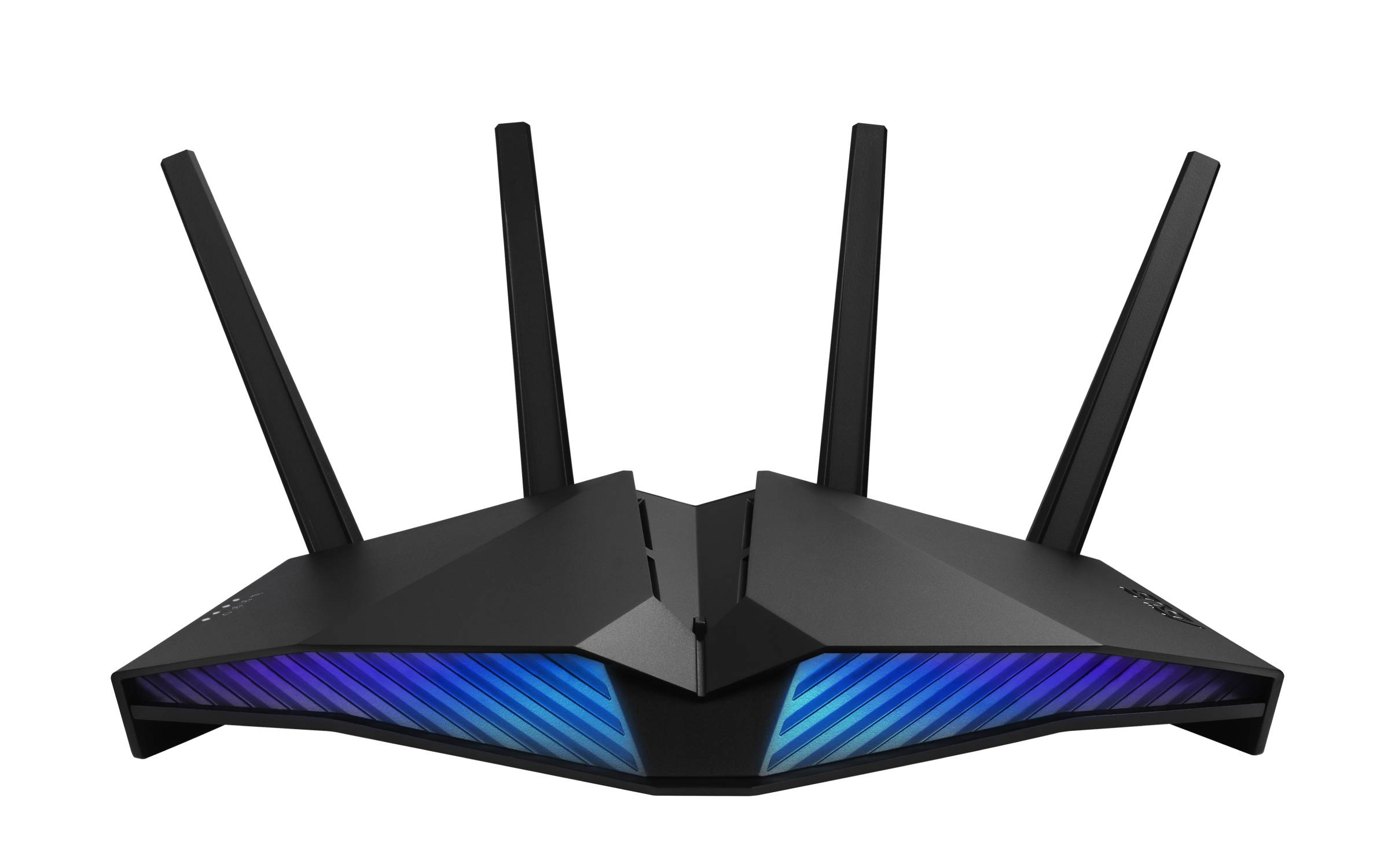 Un router negro con cuatro antenas y luces azules y moradas.