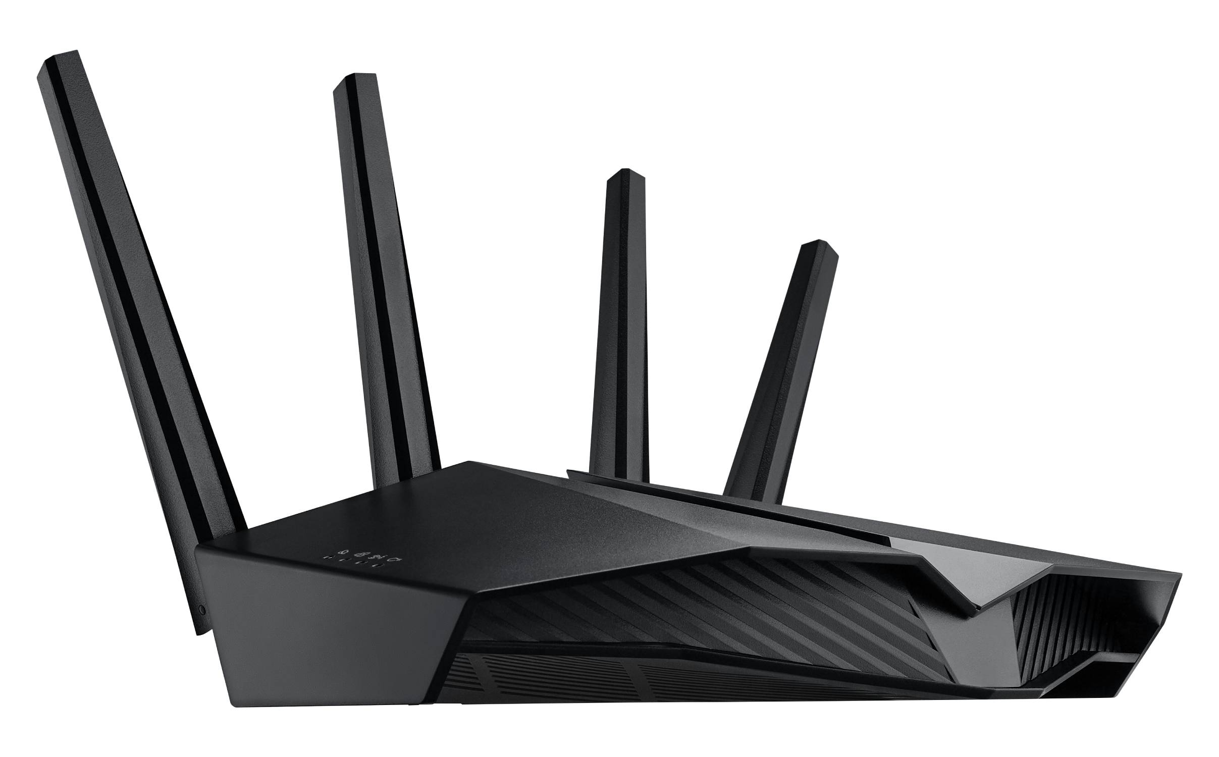Enrutador negro con antenas. El enrutador tiene cuatro antenas. El diseño muestra un estilo moderno y angular.