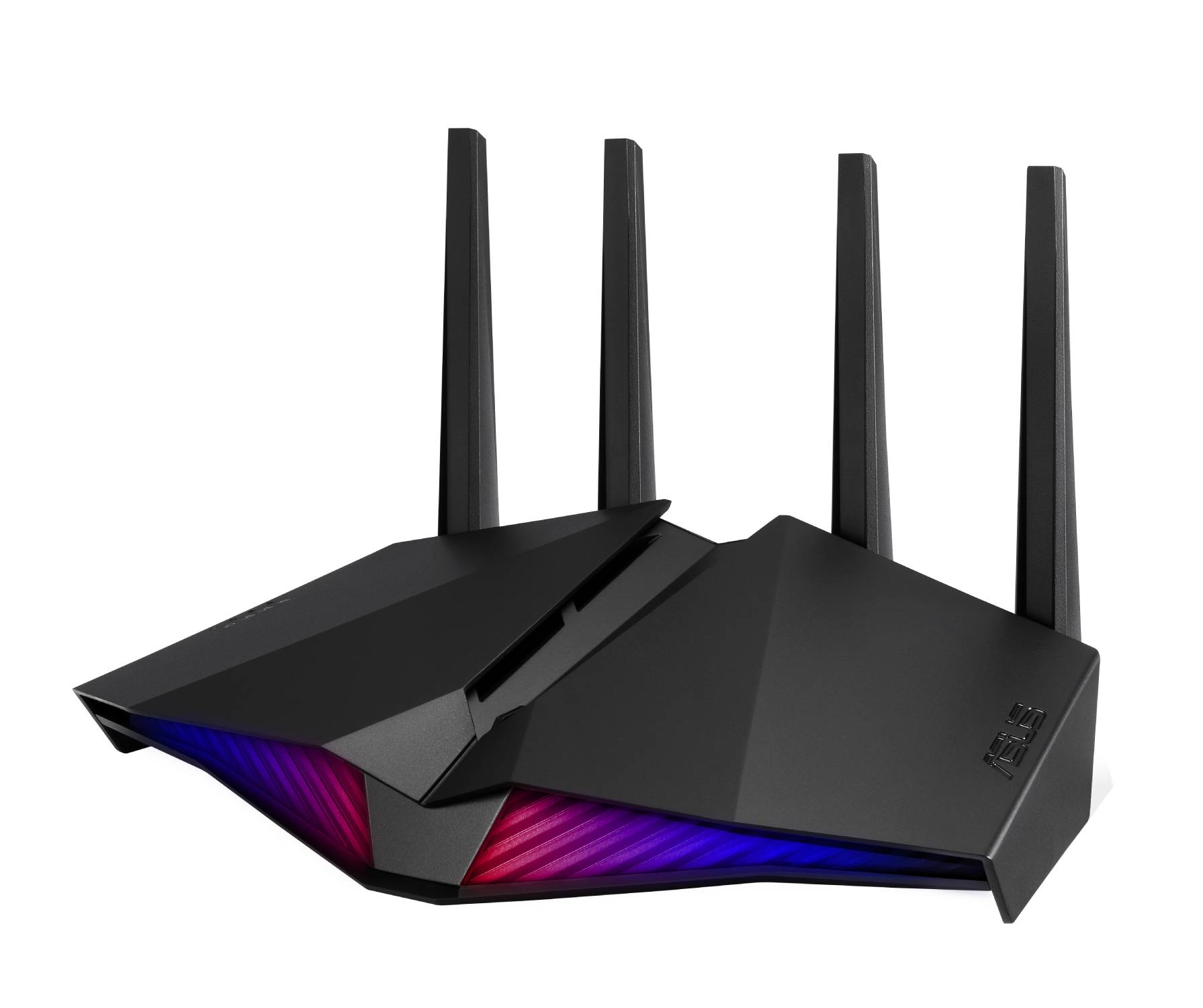 Router Wi-Fi negro con antenas. El router tiene luces de colores en la parte frontal.