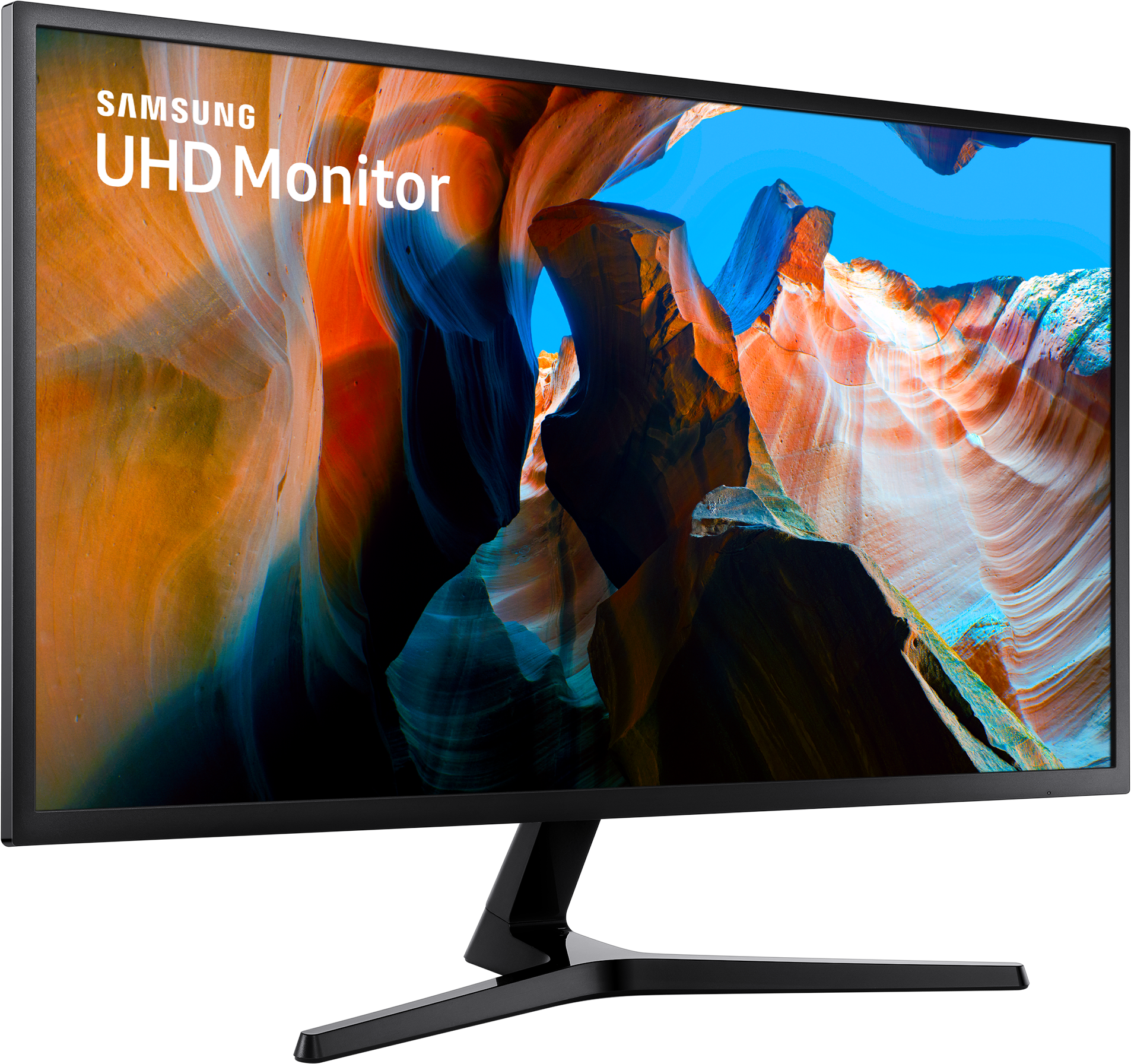 Un moniteur Samsung UHD affichant un paysage coloré.