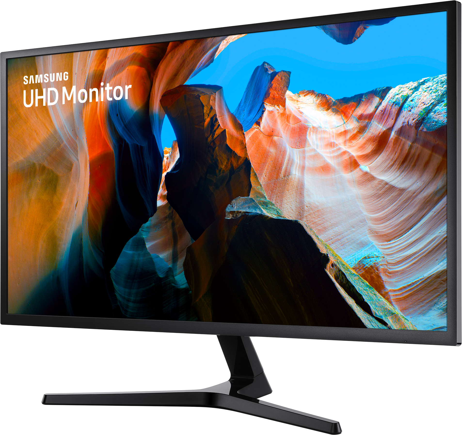Un moniteur Samsung UHD affiche une scène de paysage. La scène montre des formations rocheuses orange et bleues.