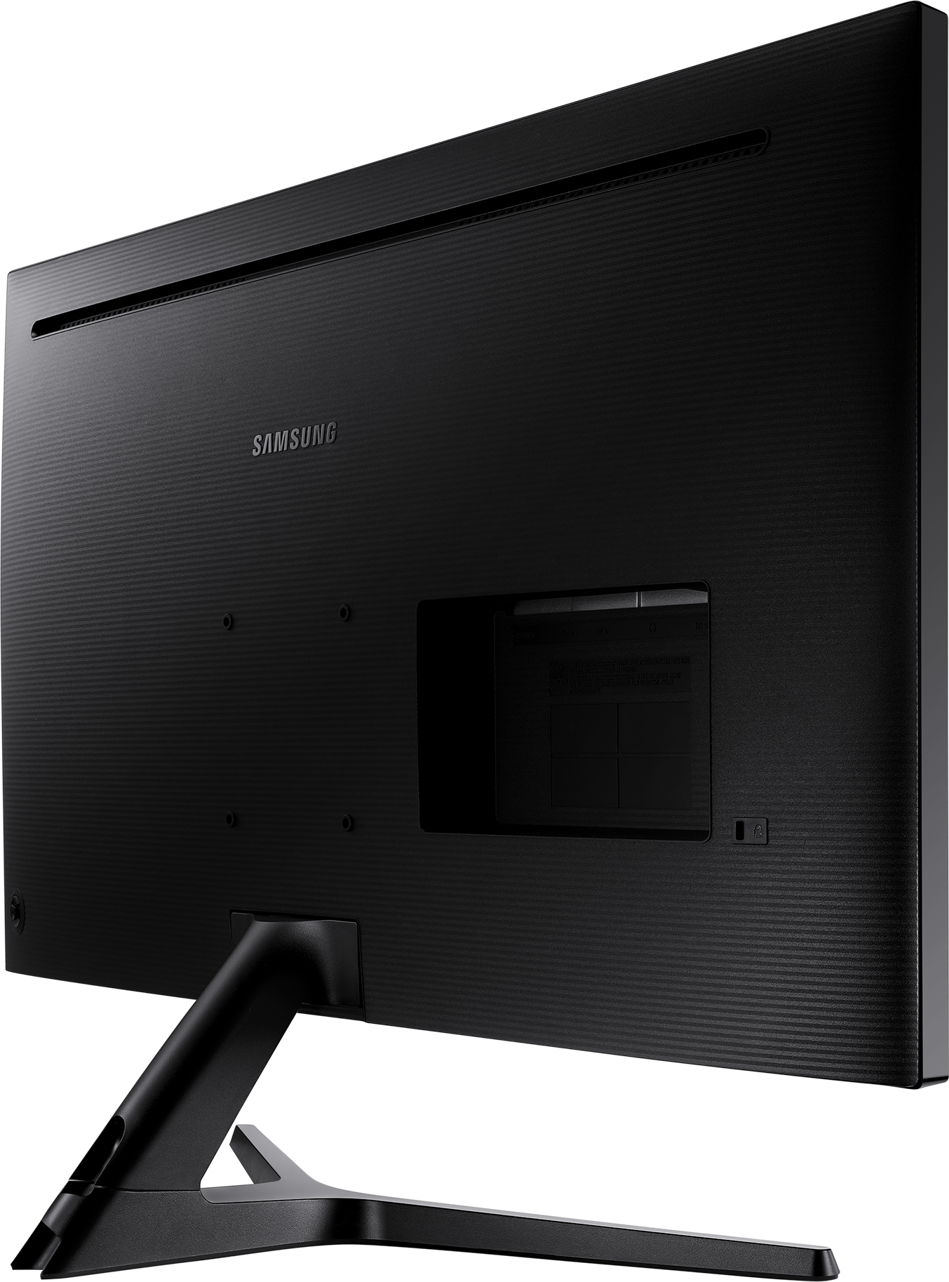 Vue arrière d'un moniteur d'ordinateur noir. Le logo Samsung est visible. Le support est noir et incliné.