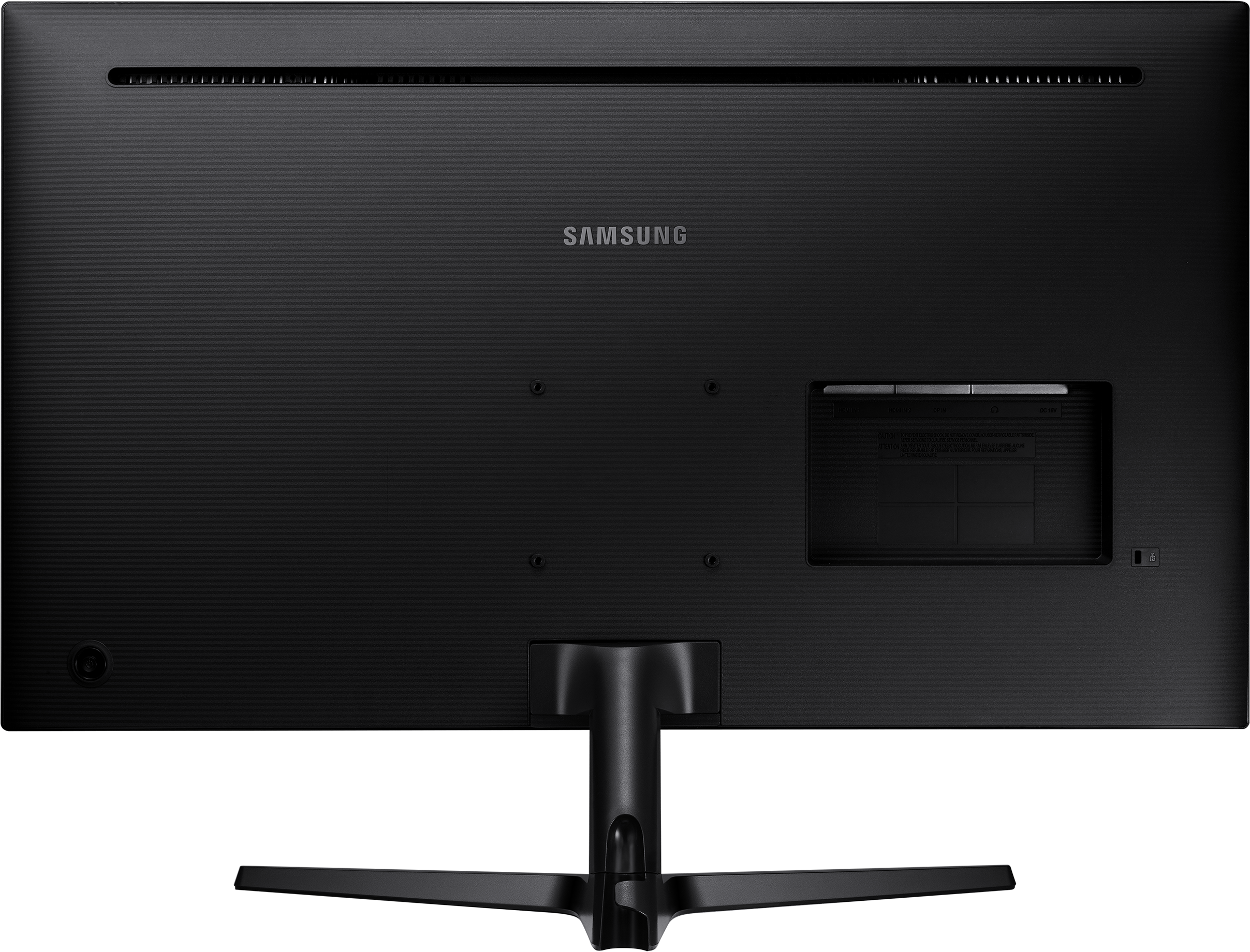 Vue arrière du téléviseur Samsung noir avec ports et un support.