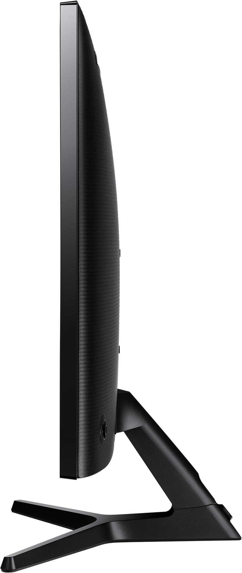 Vue latérale d'un moniteur noir avec support, sur fond blanc.