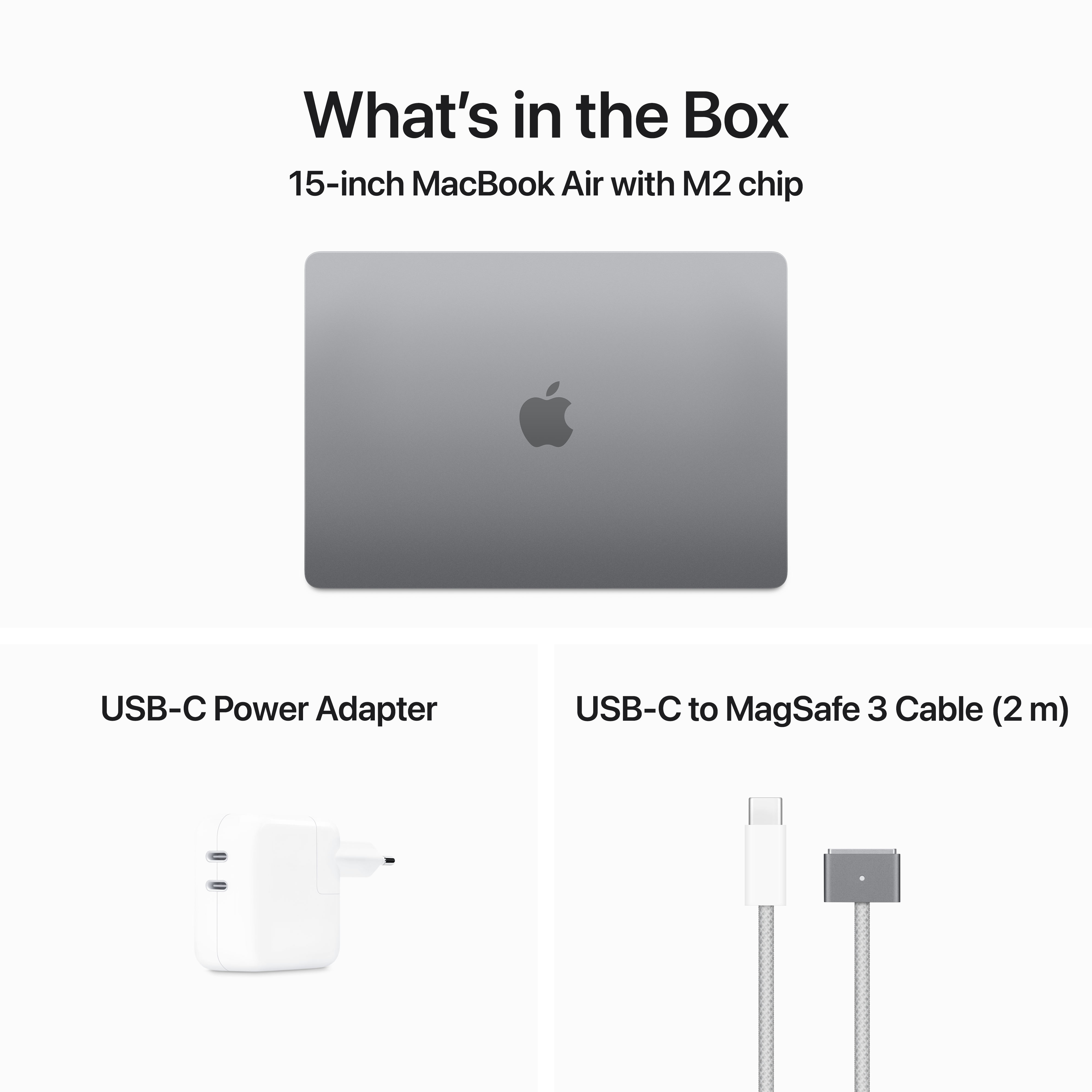 Laptop, Netzteil und Kabel auf weißem Hintergrund. Text 'Was ist in der Box'.