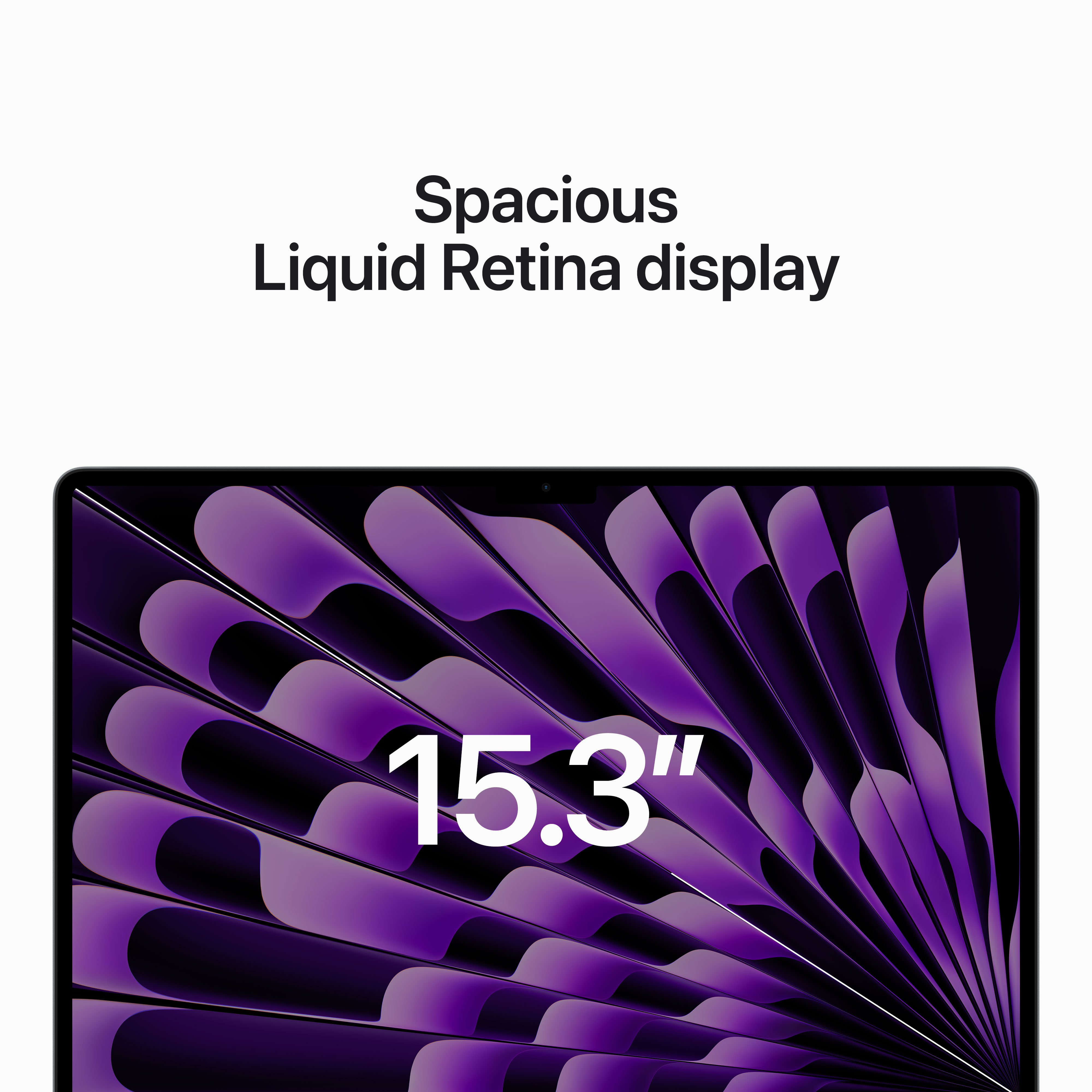 Laptop-Bildschirm mit lila Design, Text oben: 'Spacious Liquid Retina display 15.3"'.