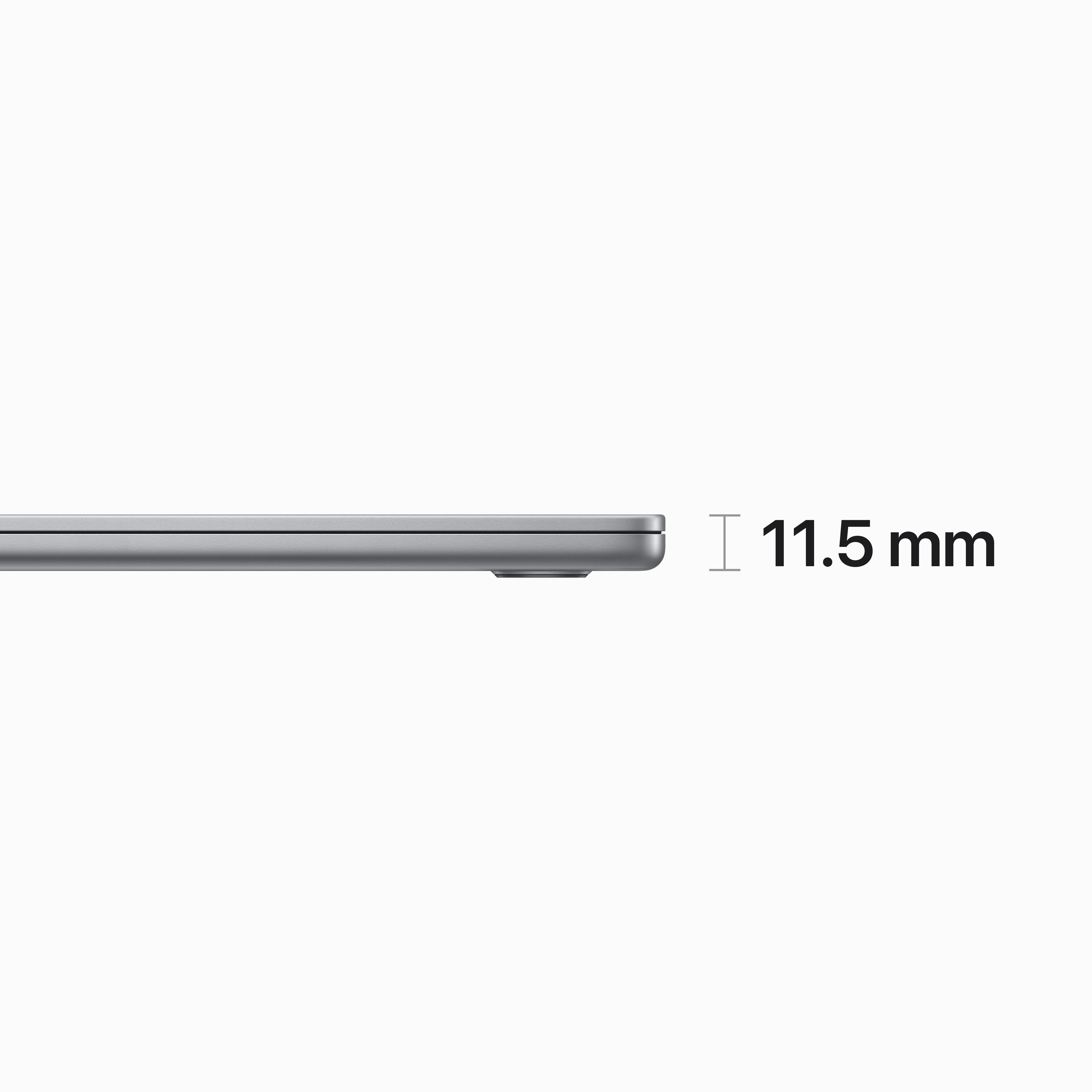 Seitenansicht eines silbernen Laptops mit 11,5 mm Dicke, zeigt Kante und Scharnier.