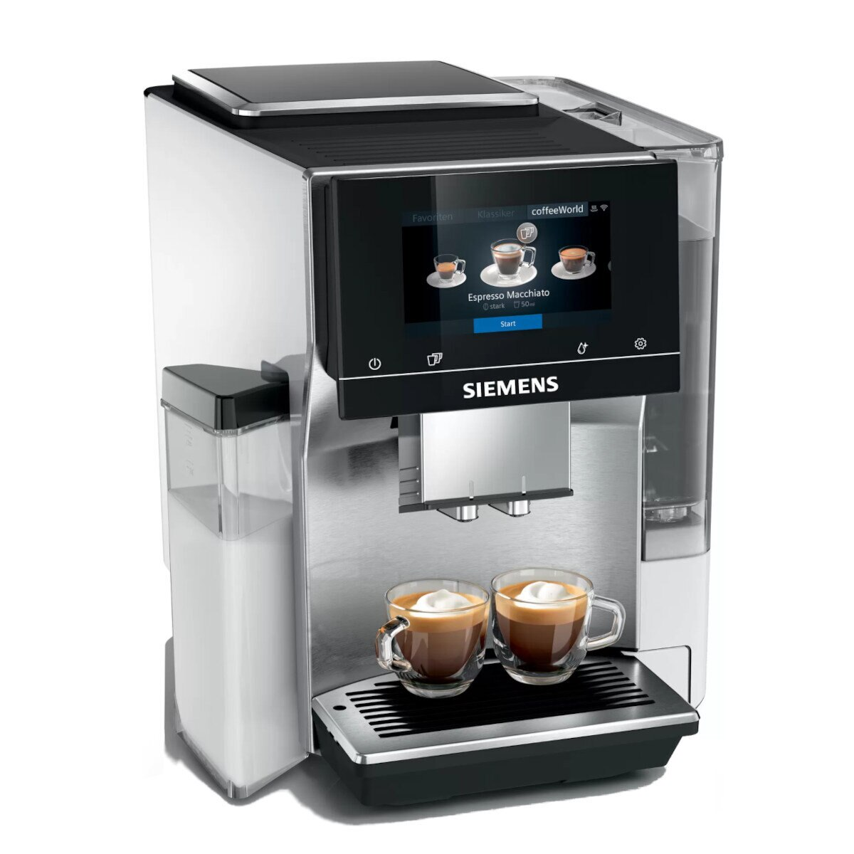 Srebrno-czarny ekspres Siemens z ekranem dotykowym, dwiema filiżankami kawy i pojemnikiem na wodę.