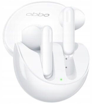 Białe słuchawki obbo i etui ładujące. Zielone światło.