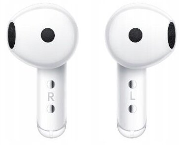 Dwa białe bezprzewodowe słuchawki z oznaczeniami L i R.